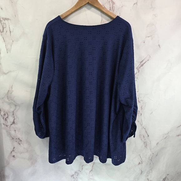Catherines Shirt Womens 3X 26 28 Navy Blue Blouse Ruched Crochet Eyelet - Picture 5 of 12